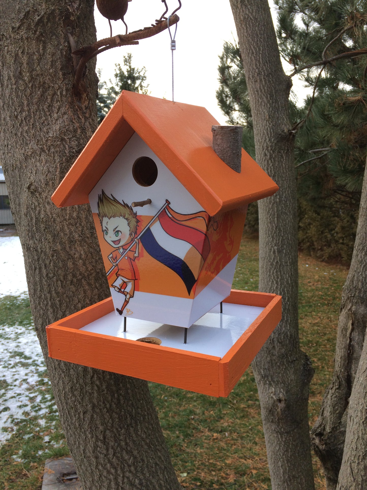 Dutch soccer player holding Holland flag bird feeder