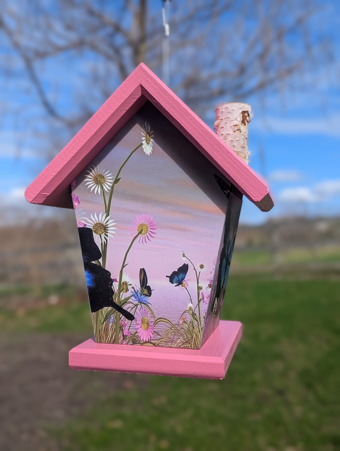 Pink butterfly birdhouse wrapped four sides