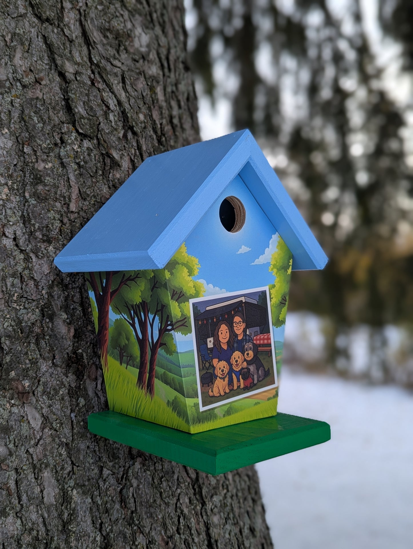 Caricature couple camping personalized birdhouse