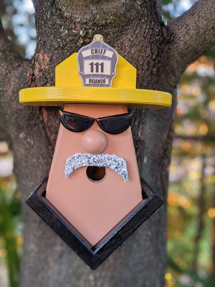Personalized Firefighter Birdhouse (Glasses & Grey Moustache)