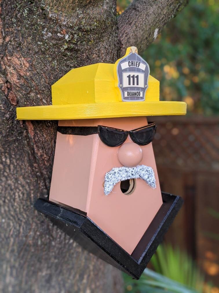 Personalized Firefighter Birdhouse (Glasses & Grey Moustache)