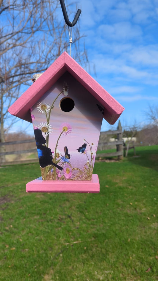 Pink butterfly birdhouse wrapped four sides