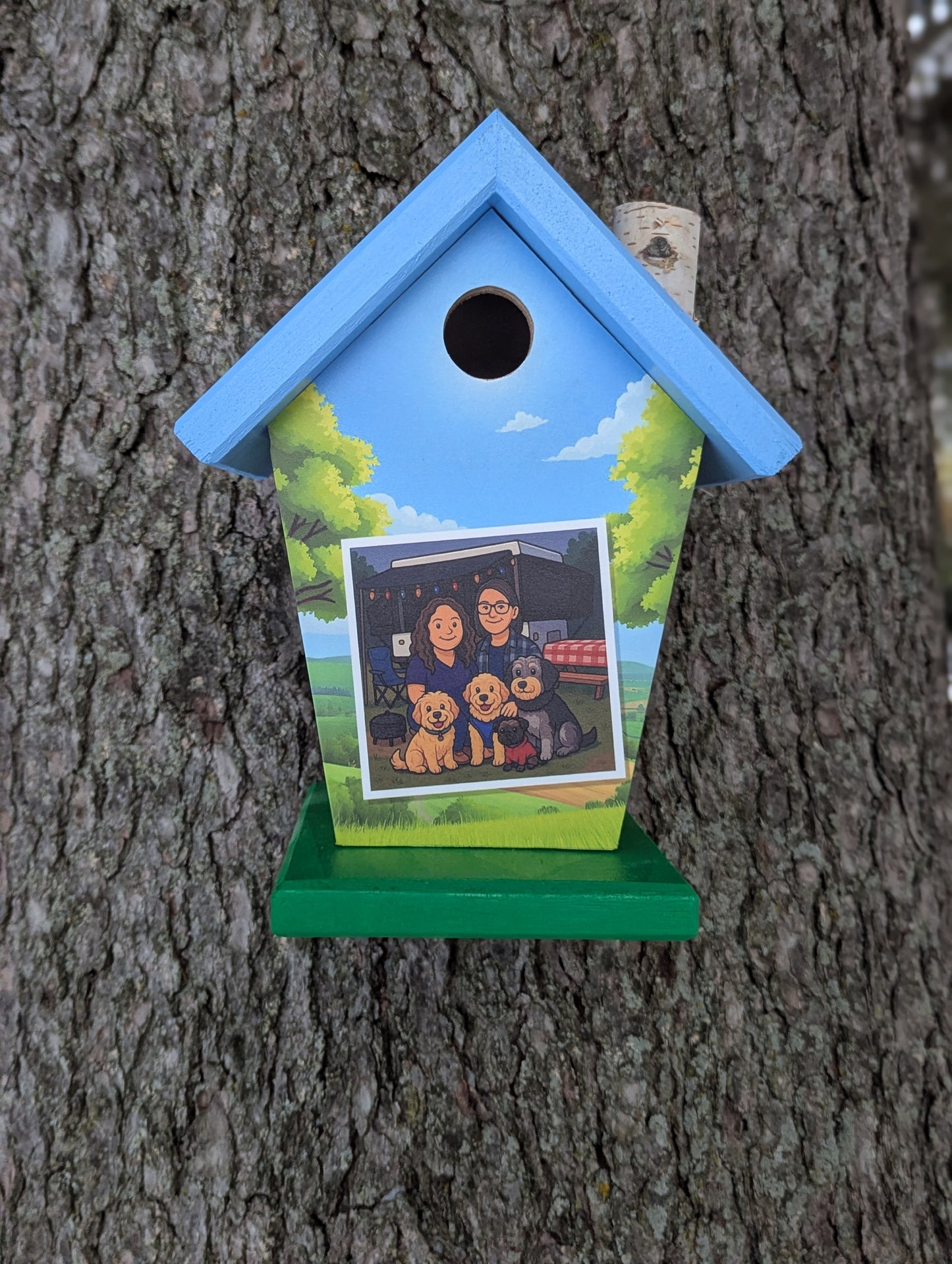 Caricature couple camping personalized birdhouse