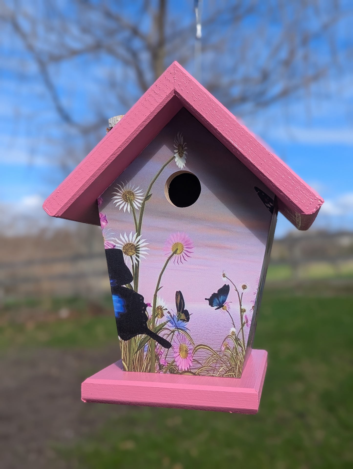 Pink butterfly birdhouse wrapped four sides