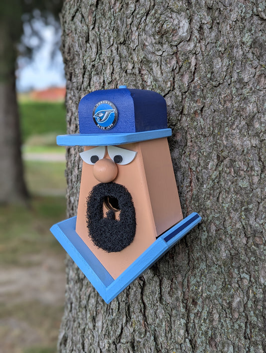 Blue Jays player with goatee birdhouse