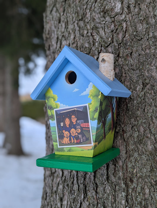 Caricature couple camping personalized birdhouse