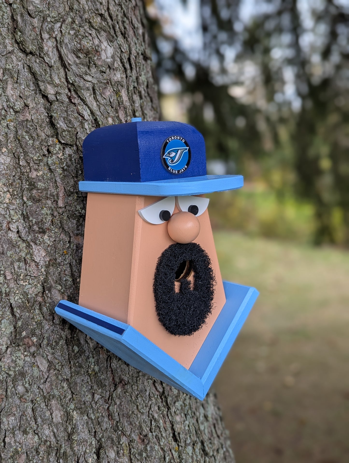 Blue Jays player with goatee birdhouse