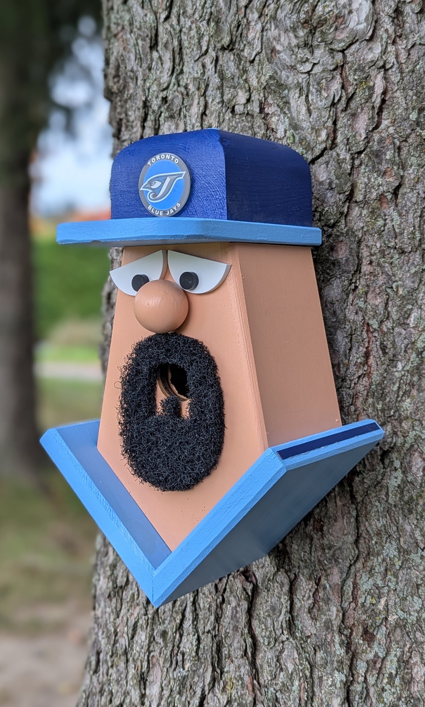 Blue Jays player with goatee birdhouse