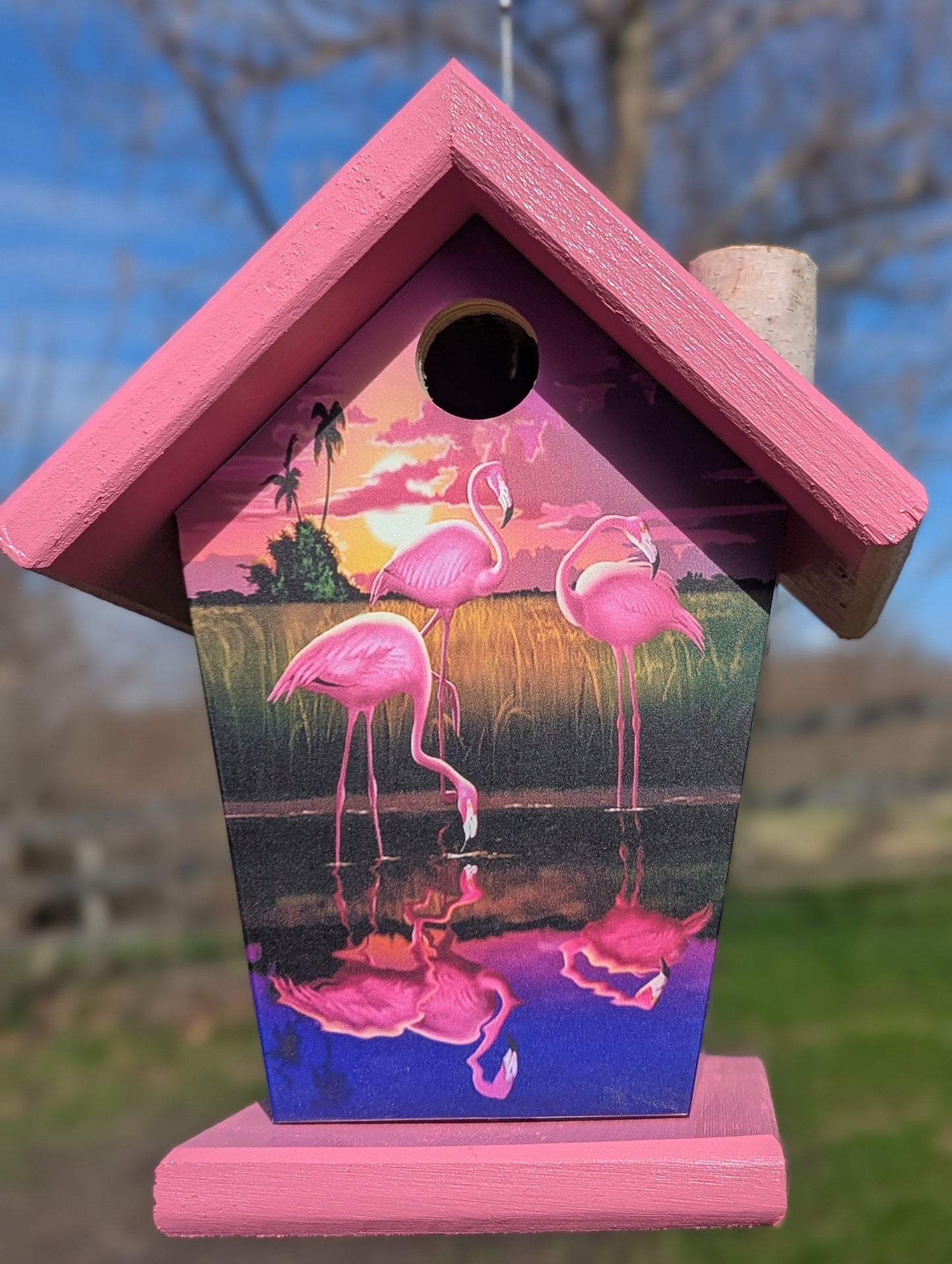 Pink flamingos four-sided birdhouse