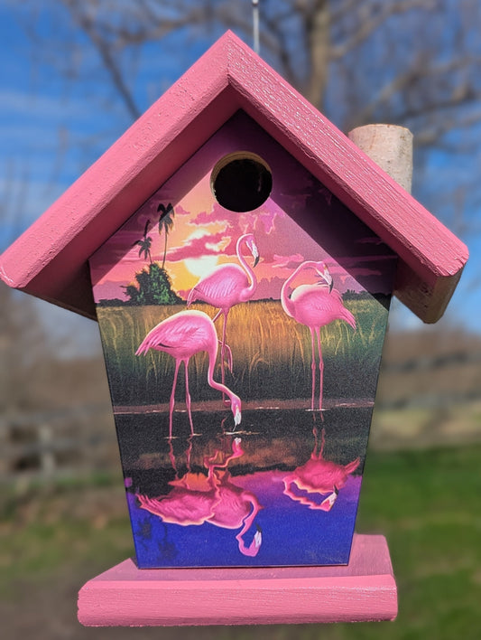 Pink flamingos four-sided birdhouse