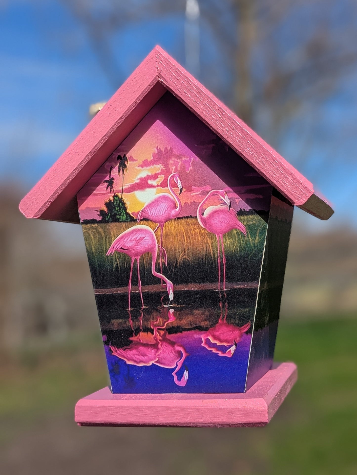 Pink flamingos four-sided birdhouse