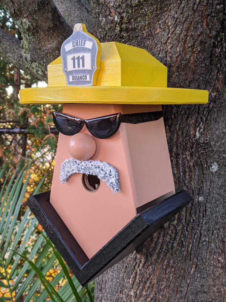 Personalized Firefighter Birdhouse (Glasses & Grey Moustache)