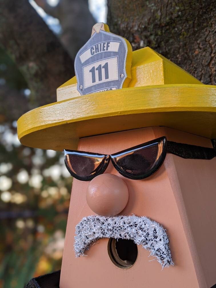 Personalized Firefighter Birdhouse (Glasses & Grey Moustache)
