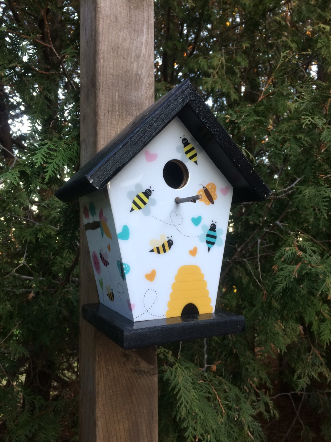 Birds & Bees (Black Roof) Birdhouse/Feeder